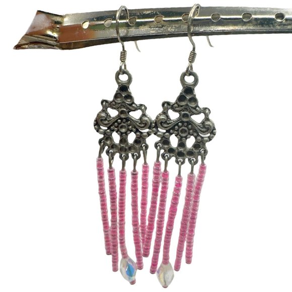 Vintage 1960s Pink Chandelier Earrings Artisan Crafted With Szezh Glass Beading - Picture 6 of 8